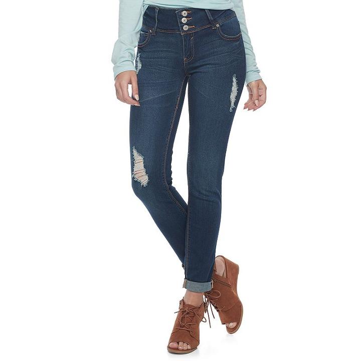 Juniors' Almost Famous Cuffed Ripped Skinny Jeans, Teens, Size: 3, Dark Blue