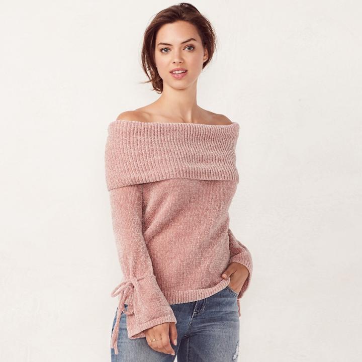 Women's Lc Lauren Conrad Ribbed Off-the-shoulder Chenille Sweater, Size: Medium, Med Grey