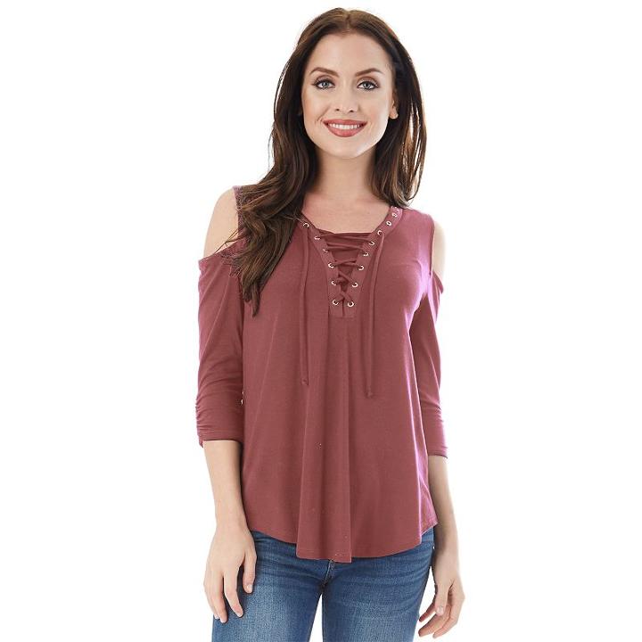 Juniors' Iz Byer California Lace-up Cold Shoulder Top, Teens, Size: Large, Light Pink