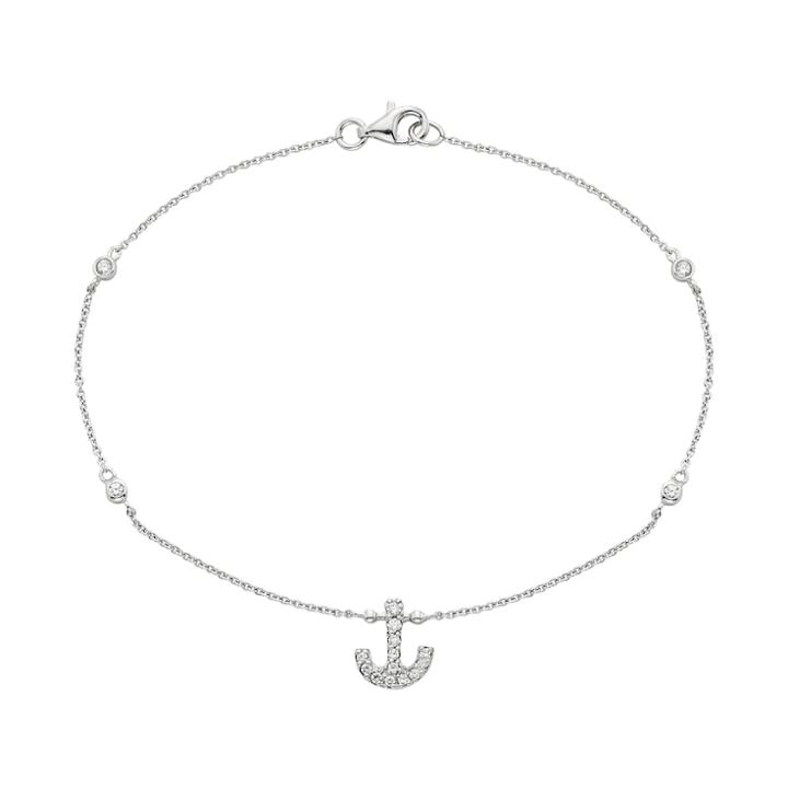 Cubic Zirconia Sterling Silver Anchor Anklet, Size: 9, White