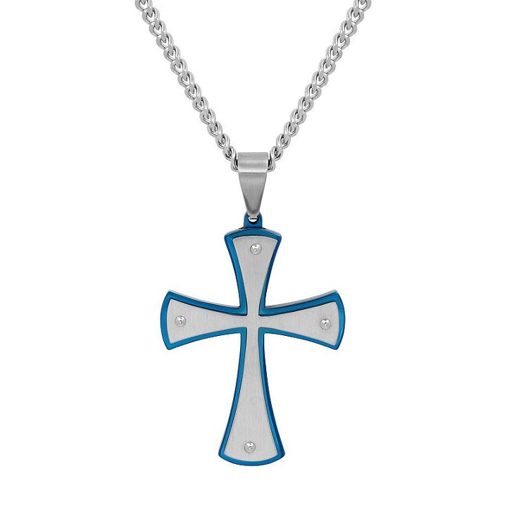 Men's Two Tone Stainless Steel Cross Pendant Necklace, Size: 24, Blue