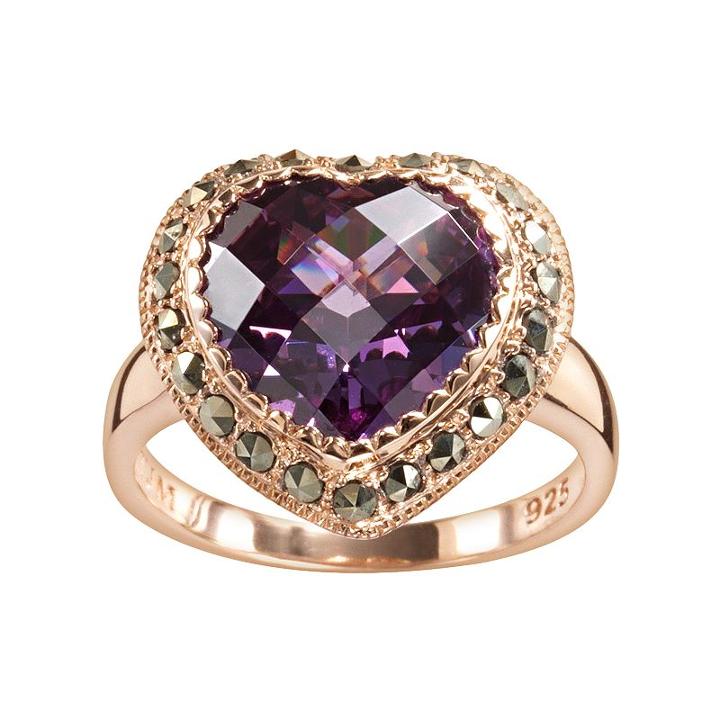 Lavish By Tjm 18k Rose Gold Over Silver Purple Cubic Zirconia & Marcasite Heart Ring, Women's, Size: 9