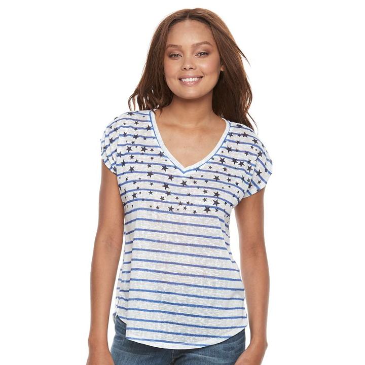Kate And Sam, Petite Stars & Striped Tee, Women's, Size: L Petite, Light Blue