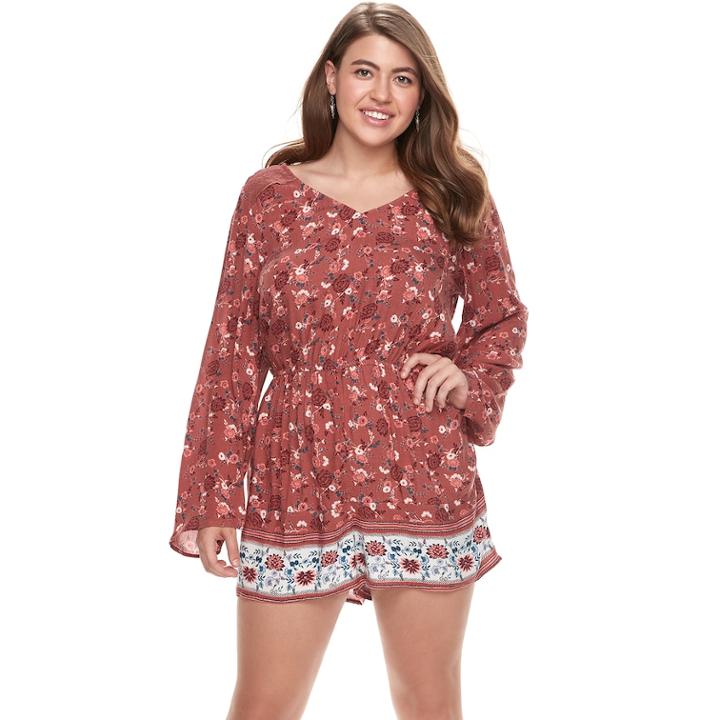 Juniors' Plus Size Mudd&reg; Lace Inset Bell Sleeve Romper, Teens, Size: 3xl, Med Pink