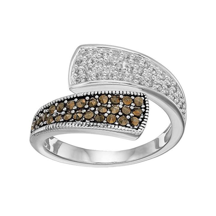 Silver Luxuries Marcasite & Crystal Bypass Ring, Women's, Size: 7, Black