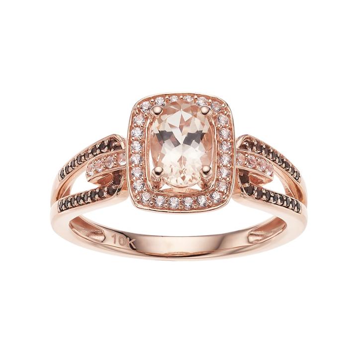 10k Rose Gold Morganite & 1/8 Carat T.w. White & Champagne Diamond Halo Ring, Women's, Brown