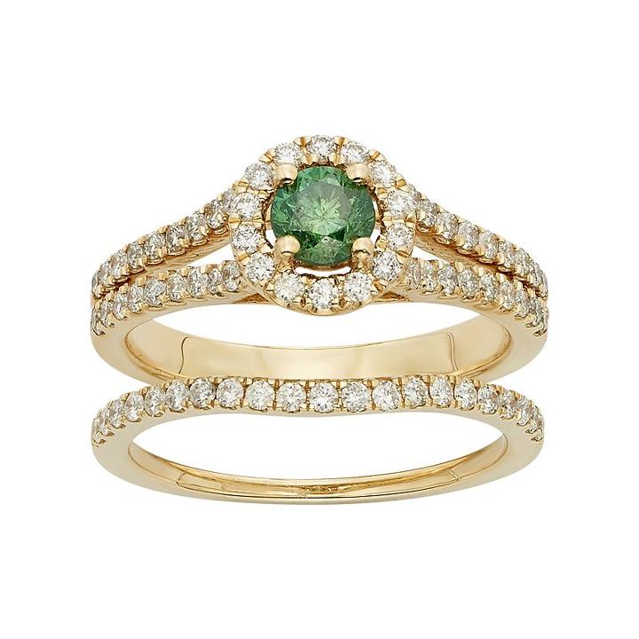 Igl Certified Green & White Diamond Halo Engagement Ring Set In 14k Gold (1 Carat T.w.), Women's, Size: 7.50