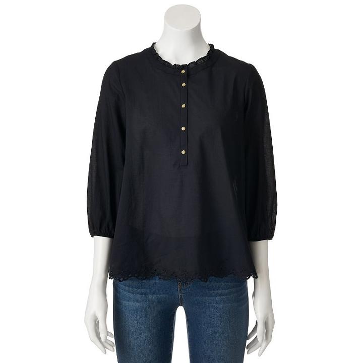 Women's Lc Lauren Conrad Scalloped Eyelet Top, Size: Xxl, Black