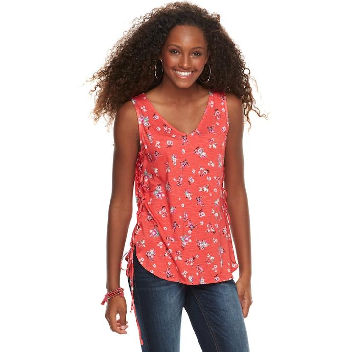 Juniors' Love, Fire Printed Slubbed Lace-up Tank, Teens, Size: Xs, Red