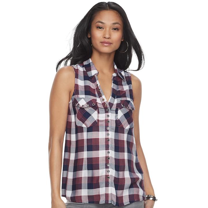 Women's Rock & Republic&reg; Plaid Grommet Tank, Size: Medium, Drk Purple