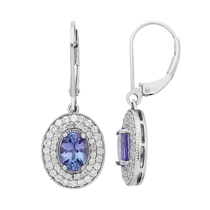 Sterling Silver Tanzanite & White Zircon Halo Drop Earrings, Women's, Blue
