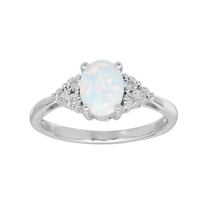 Sterling Silver Lab-created Opal & Diamond Accent Oval Ring, Women's, Size: 6, White