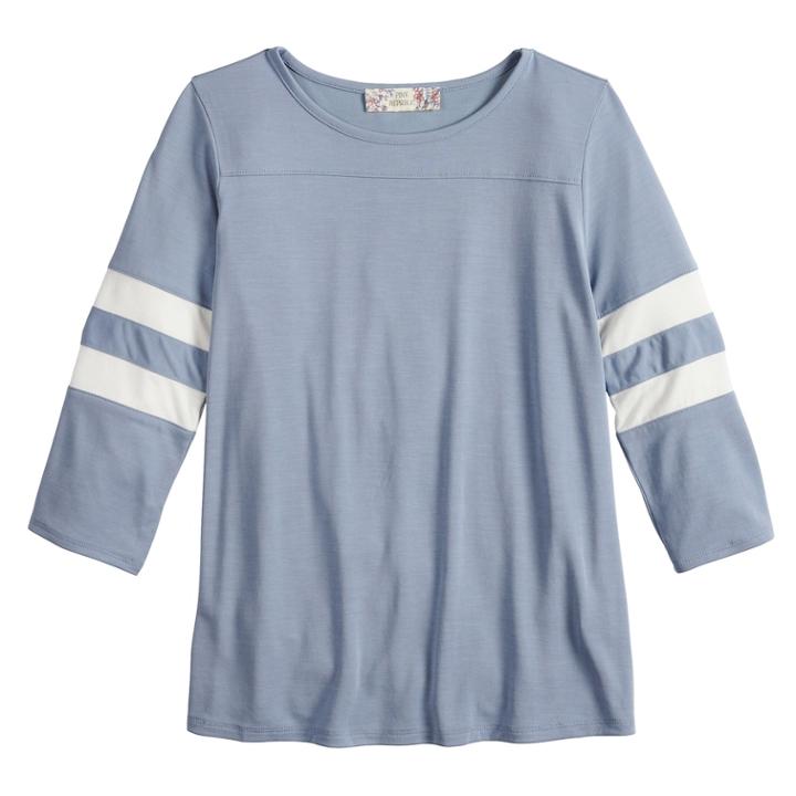 Girls' 7-16 & Plus Size Pink Republic Striped-sleeve Varsity Tee, Size: M Plus, Light Blue
