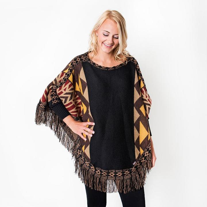 Muk Luks Colorblock Geometric Poncho, Black