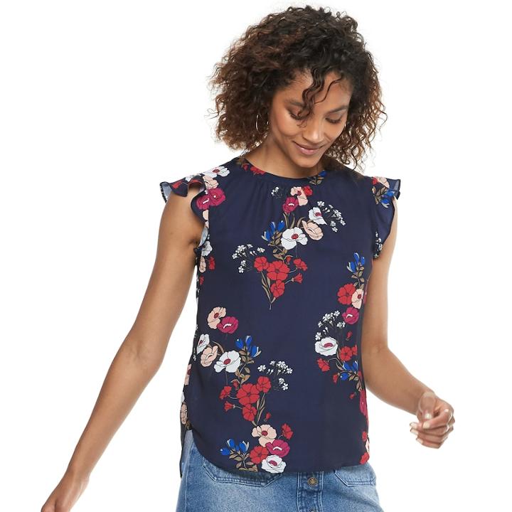 Women's Popsugar Print Ruffle-sleeve Top, Size: Small, Blue (navy)