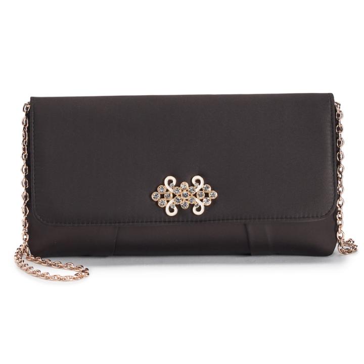 Lenore By La Regale Brooch Satin Flap Clutch, Women's, Black