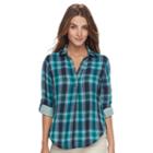 Petite Sonoma Goods For Life&trade; Plaid Splitneck Shirt, Women's, Size: L Petite, Dark Blue