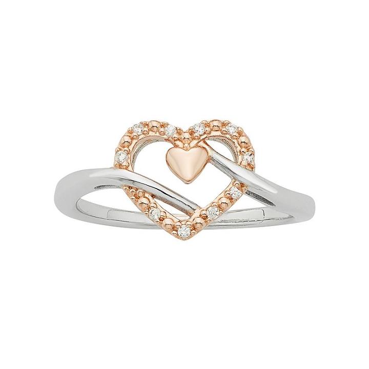 Two Tone Sterling Silver Diamond Accent Double Heart Promise Ring, Women's, Size: 9, White