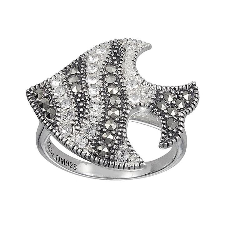 Lavish By Tjm Sterling Silver Marcasite And Crystal Fish Ring - Made With Swarovski Marcasite, Women's, Size: 8, White