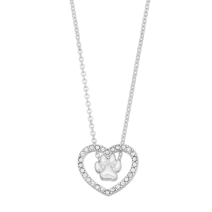Paw Print Heart Necklace, Women's, Silver