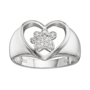 Hsus Cubic Zirconia Sterling Silver Paw Print & Heart Ring, Women's, Size: 8, White