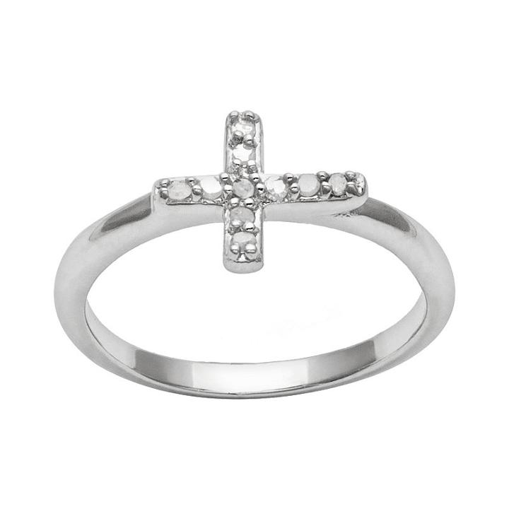 Silver Plated Crystal Sideways Cross Ring, Women's, Size: 3, White