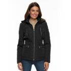 Women's Towne By London Fog Hooded Quilted Smocked Jacket, Size: Small, Black