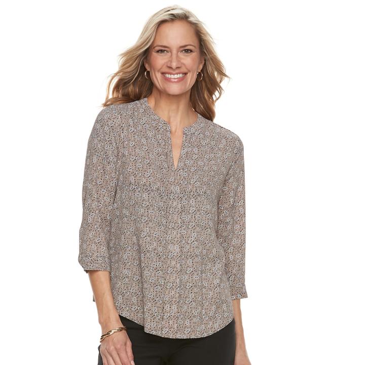 Women's Dana Buchman Printed Splitneck Top, Size: Xs, Dark Beige
