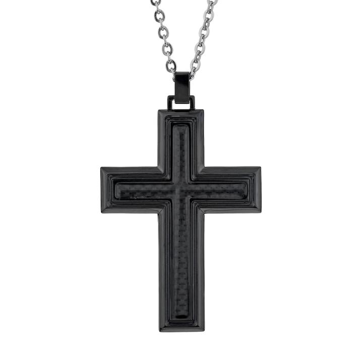 Lynx Black Ion-plated Stainless Steel Carbon Fiber Cross Pendant Necklace - Men, Size: 22