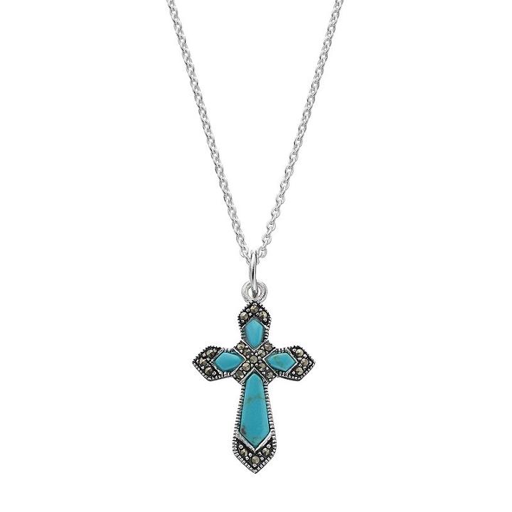 Silver Luxuries Simulated Turquoise & Marcasite Cross Pendant Necklace, Women's, Blue
