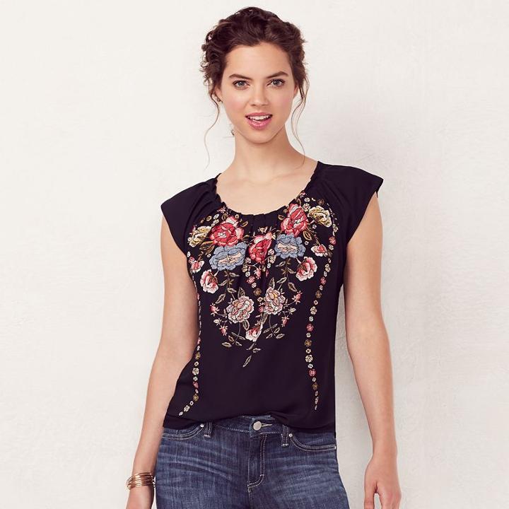 Women's Lc Lauren Conrad Pleated Floral Top, Size: Xs, Black