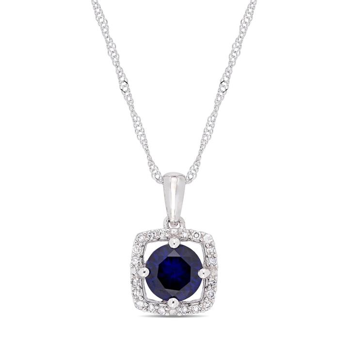 10k White Gold Lab-created Sapphire 1/10 Carat T.w. Diamond Frame Pendant Necklace, Women's, Size: 17, Blue