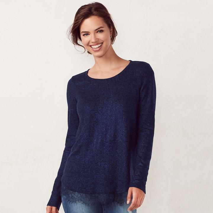 Women's Lc Lauren Conrad Lace Trim Top, Size: Large, Blue (navy)