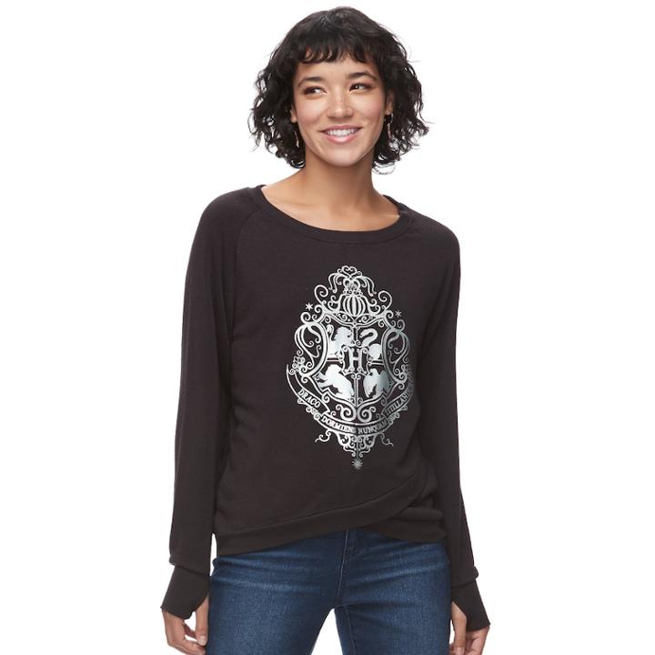 Juniors' Harry Potter Foiled Hogwarts Crest Tee, Teens, Size: Large, Black