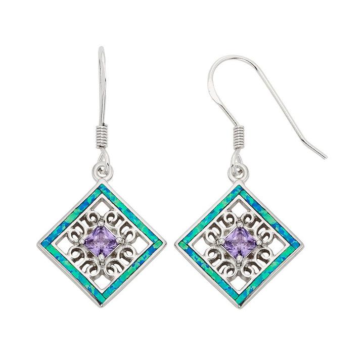 Lab-created Blue Opal & Cubic Zirconia Sterling Silver Square Drop Earrings, Women's