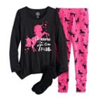 Girls 4-14 So® Foil-printed Graphic Handkerchief Hem Tunic, Thermal Fleece Leggings & Fuzzy Slipper Socks Pajama Set, Size: S (7/8), Black