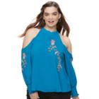 Juniors' Plus Size Heartsoul Embroidered Cold Shoulder Top, Teens, Size: 1xl, Turquoise/blue (turq/aqua)