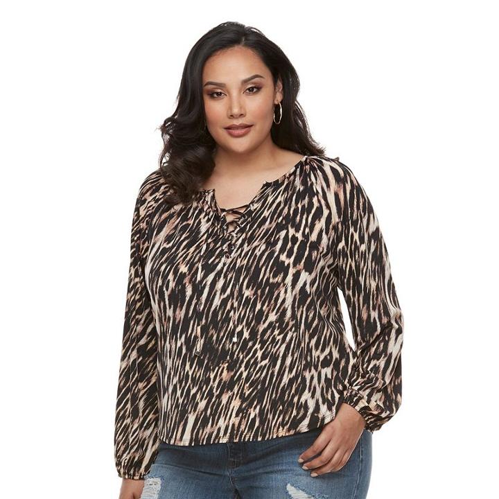 Plus Size Jennifer Lopez Lace-up Peasant Top, Women's, Size: 3xl, Brown