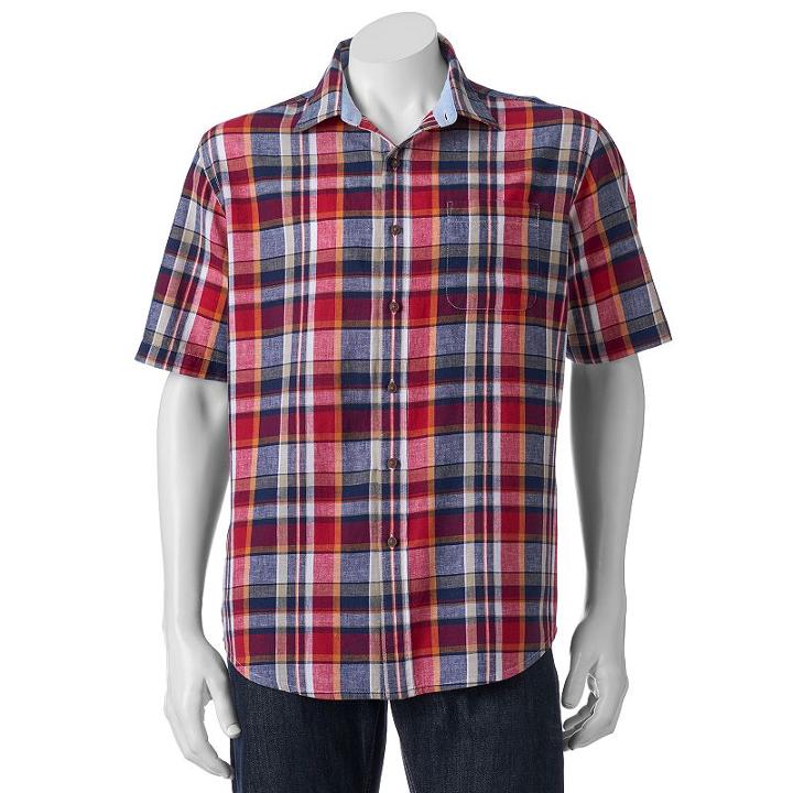 Men's Sonoma Goods For Life&trade; Modern-fit Plaid Linen-blend Button-down Shirt, Size: Xxl, Med Red
