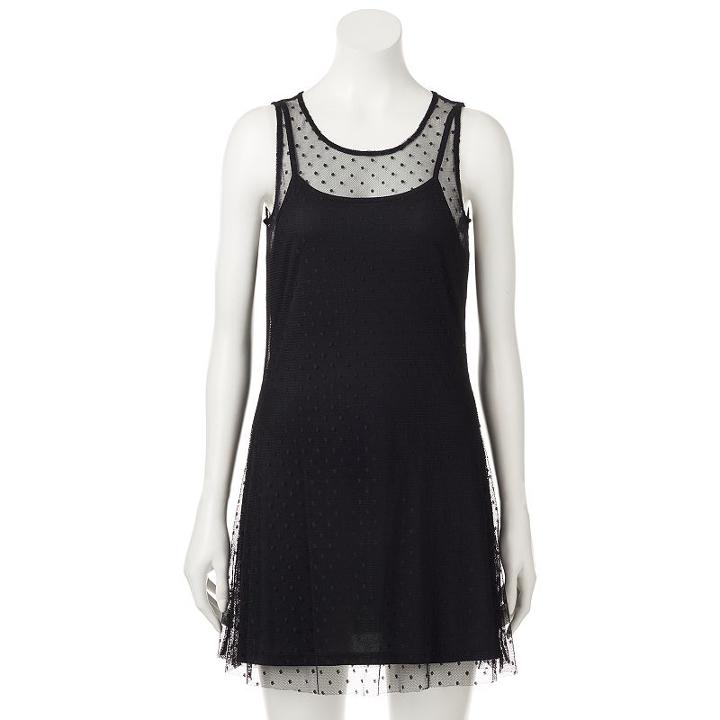 Juniors' Wallflower Sleeveless Dot Mesh Dress, Teens, Size: Large, Black