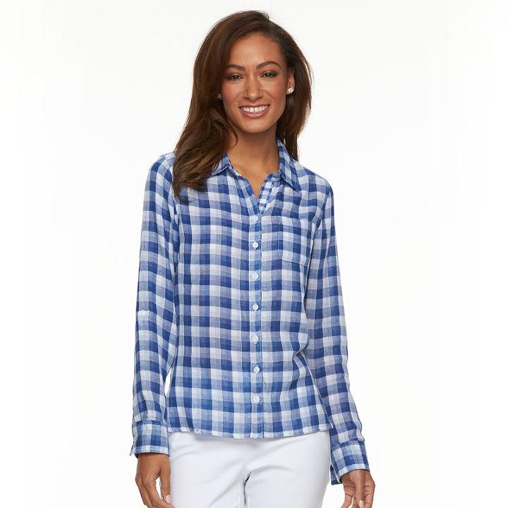 Women's Caribbean Joe Plaid Roll-tab Shirt, Size: Small, Dark Blue