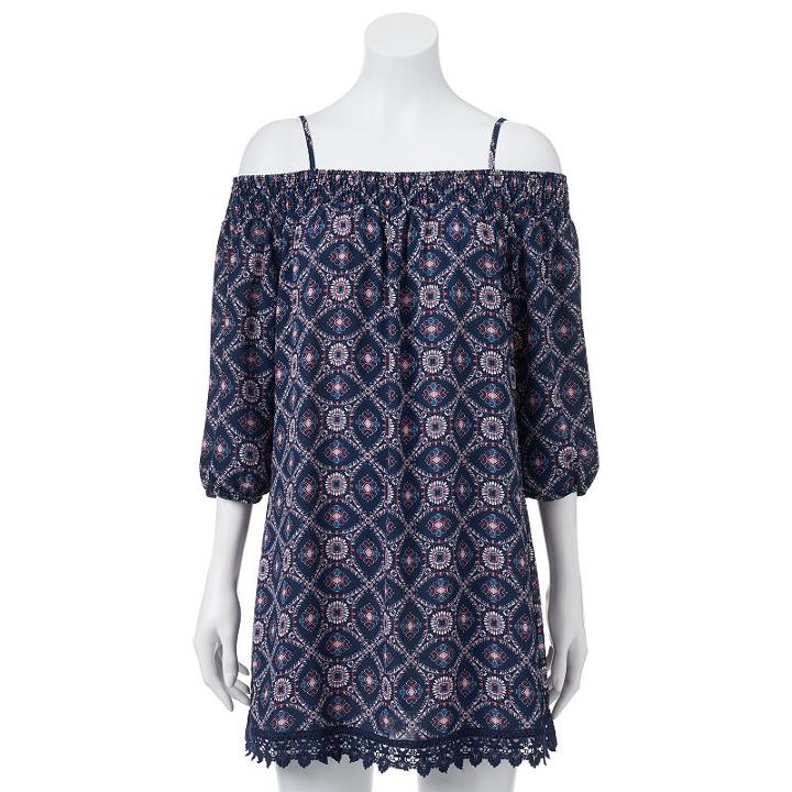 Juniors' Trixxi Marilyn Crochet Trim Printed Peasant Dress, Girl's, Size: Small, Blue Other