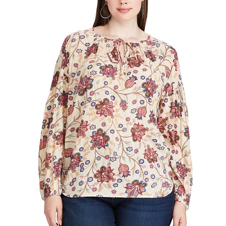 Plus Size Chaps Floral Print Long Sleeve Top, Women's, Size: 3xl, White