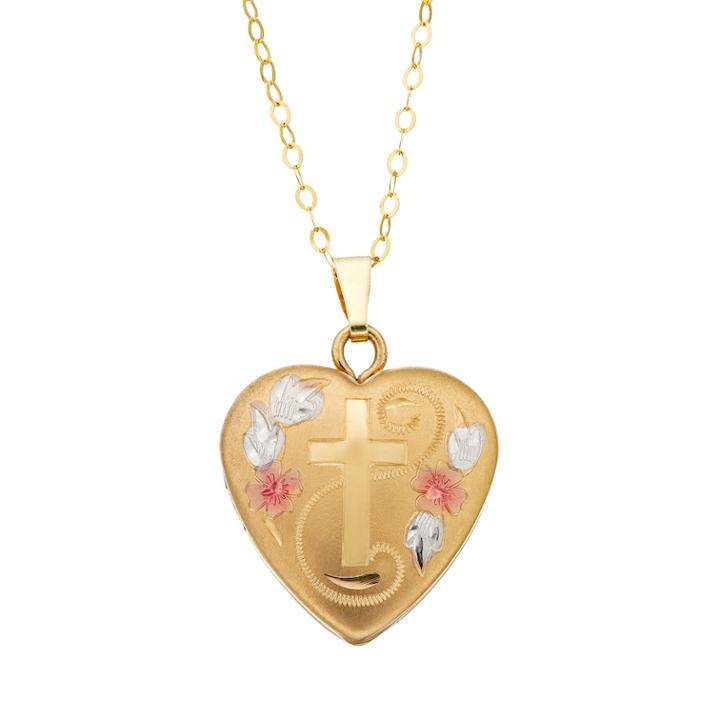 Charming Girl Kids' 14k Gold Tri-tone Heart & Cross Locket Necklace, Size: 15, Yellow