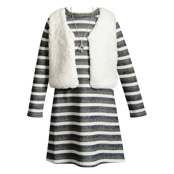 Girls 4-6x Youngland Long Sleeve Brushed Knit Dress & Faux Fur Vest Set, Size: 4, Gray White