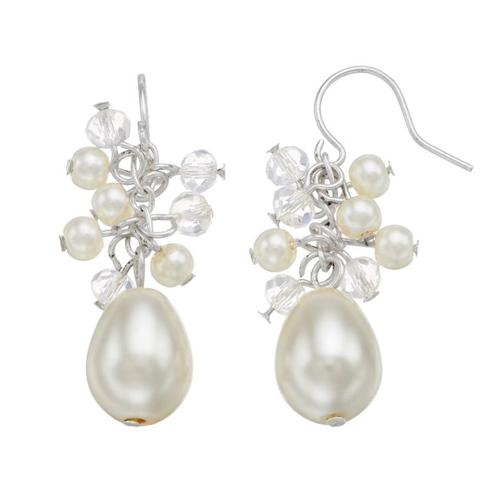 Simulated Pearl & Beaded Cluster Teardrop Earrings, Women's, White