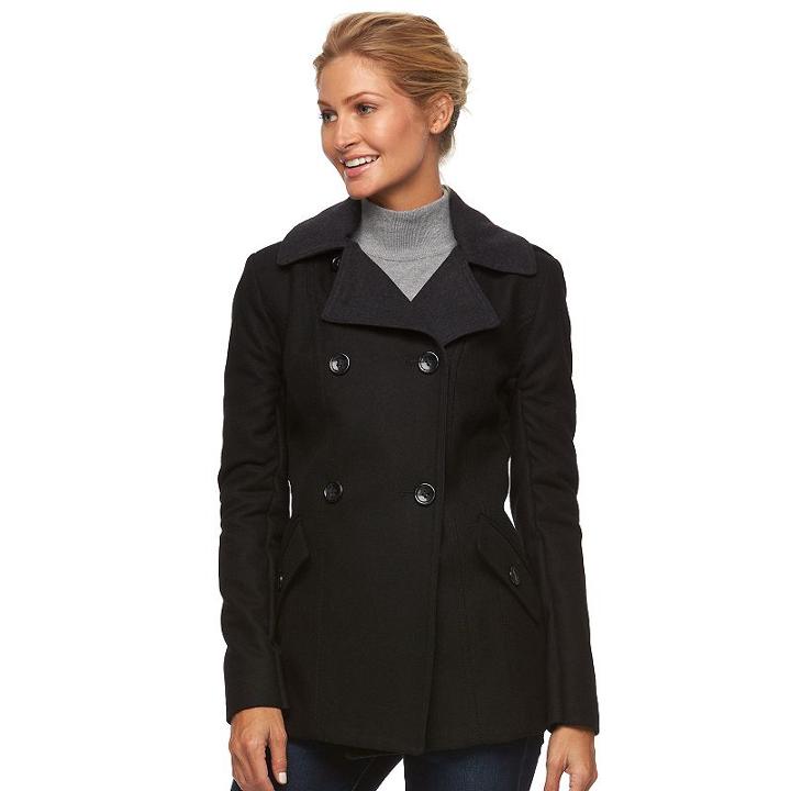 Women's Braetan Two Tone Hooded Peacoat, Size: Large, Black