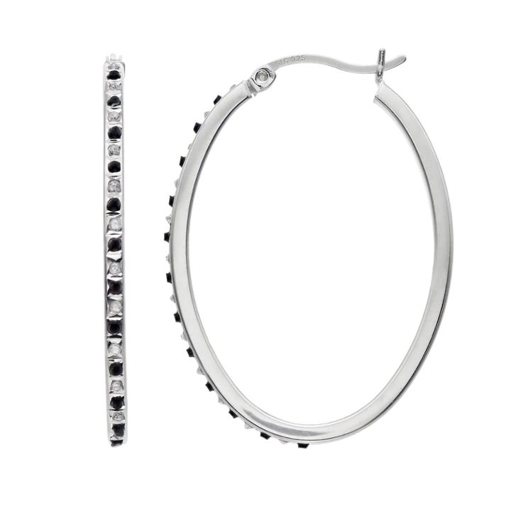 Platinum Over Silver Black & White Diamond Mystique Hoop Earrings, Women's