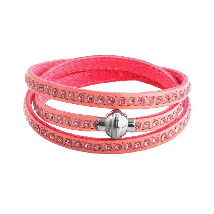 Stainless Steel Simulated Crystal Pink Leather Wrap Bracelet, Women's, Size: 7.5