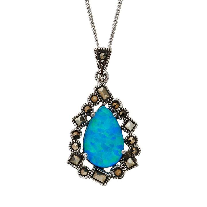 Tori Hill Simulated Blue Opal And Marcasite Sterling Silver Frame Teardrop Pendant Necklace, Women's, White